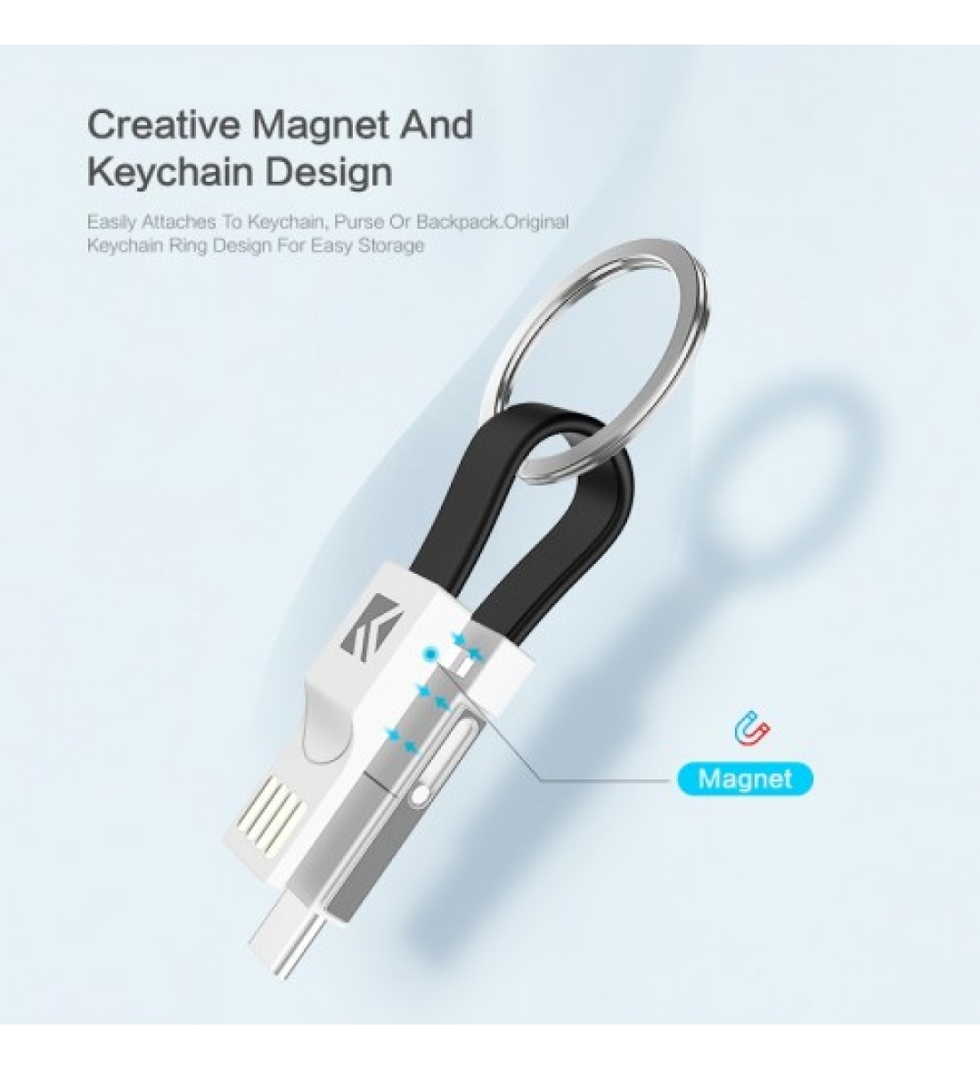 Cablu Breloc 3 în 1 Magnetic - USB to 8 Pin + Micro USB + USB-C/Type-C, Negru