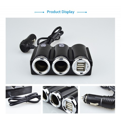 Încaărcător auto, brichetă, 2 ieșiri + 2 USB 