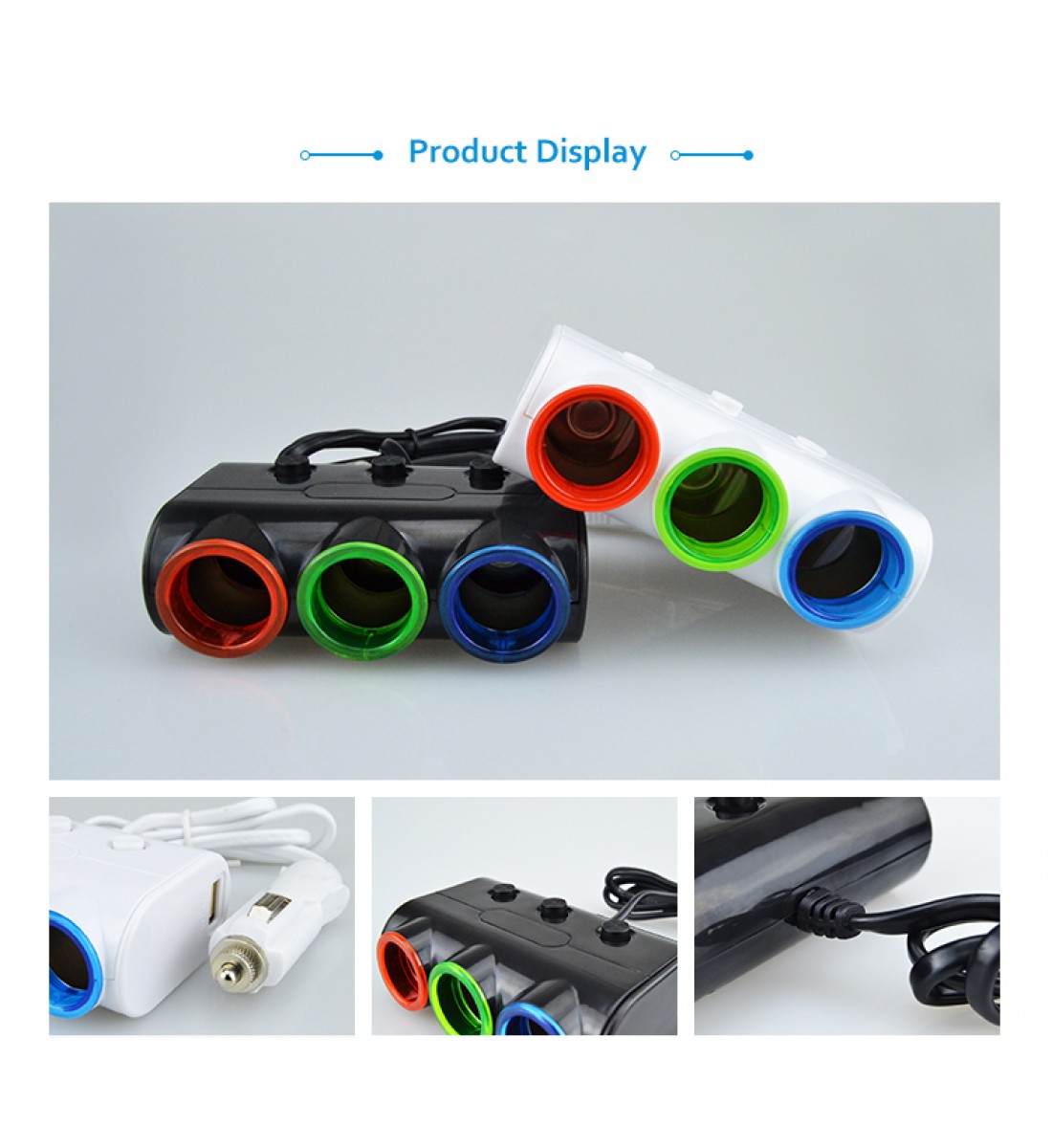 Încărcător auto, brichetă, cu 3 ieșiri 2 USB, 12 sau 24 V, 80 cm