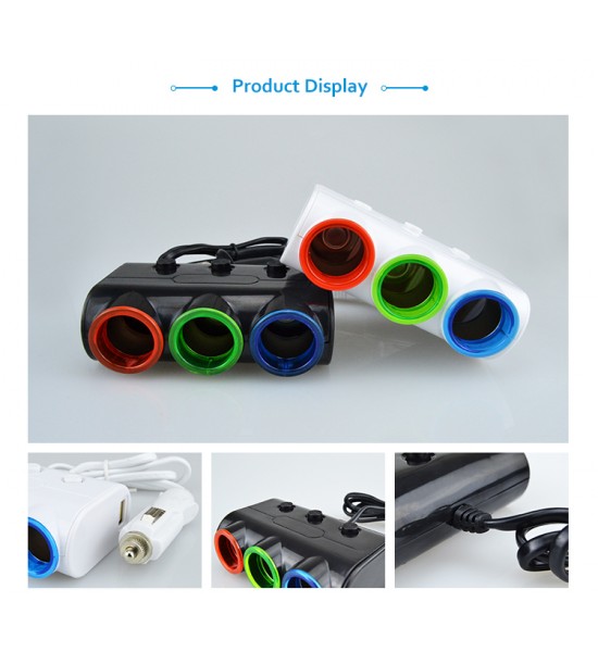 Încărcător auto, brichetă, cu 3 ieșiri 2 USB, 12 sau 24 V, 80 cm