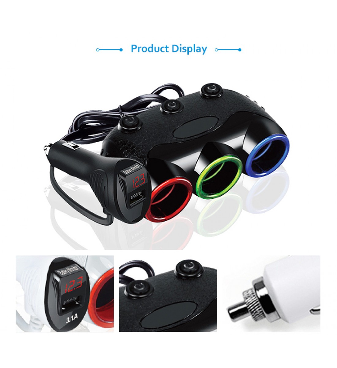 Mufa bricheta cu 3 iesiri,12/24V si voltmetru