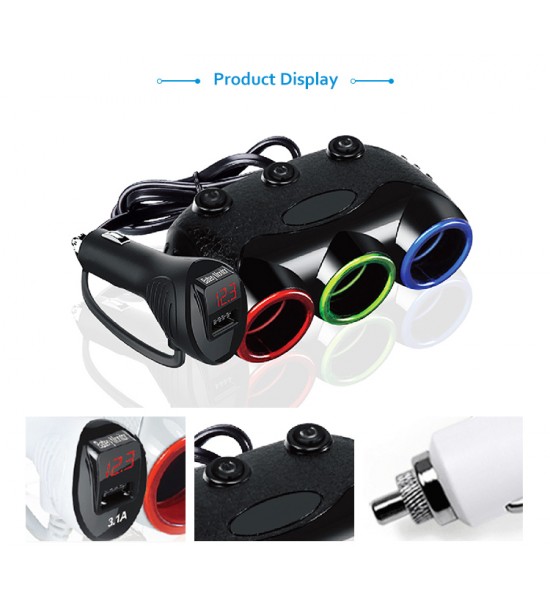 Mufa bricheta cu 3 iesiri,12/24V si voltmetru