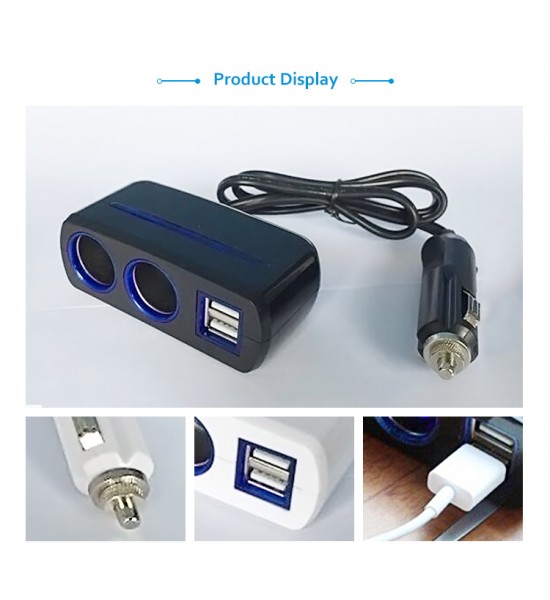 Încărcător auto, brichetă, 2 ieșiri + 2 USB, 12 sau 24V, 80 cm, 120W