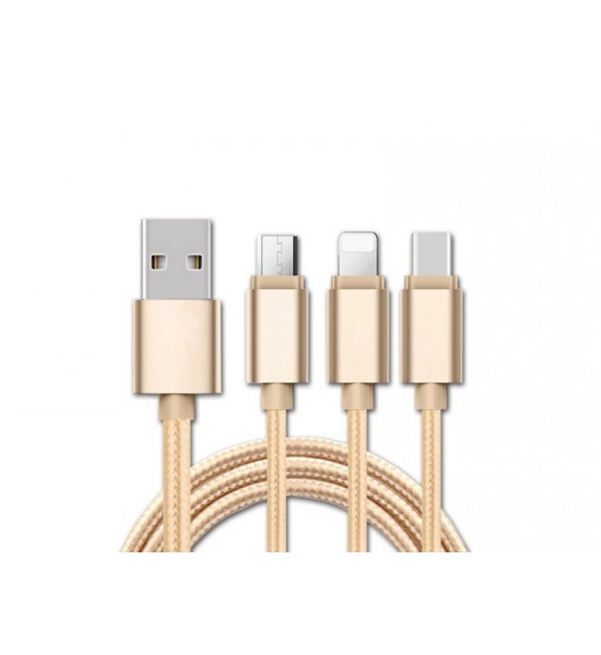 Cablu USB 3in1 microusb/Iphone/tip C auriu