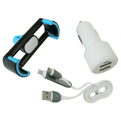 Incarcator auto 2 USB cu fir cu 2 mufe miniUSB si compatibil cu Iphone si suport telefon in grila