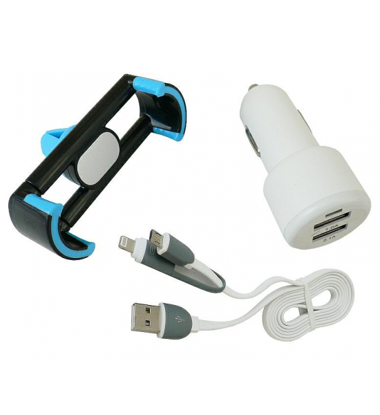 Incarcator auto 2 USB cu fir cu 2 mufe miniUSB si compatibil cu Iphone si suport telefon in grila Incarcator auto 2 USB cu fir cu 2 mufe miniUSB si compatibil cu Iphone si suport telefon in grila