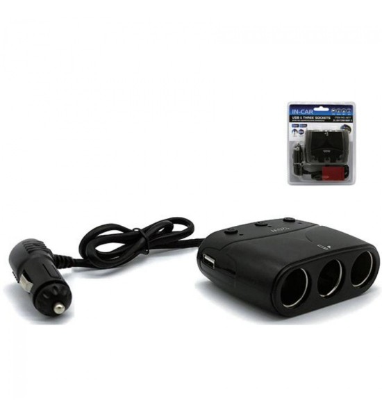  Încărcător Auto Olesson 1677, Auto Splitter cu 3 Prize și 2 Porturi USB