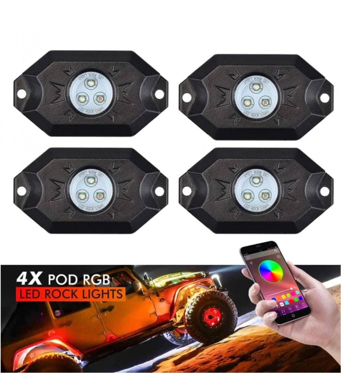 KIT ROCK Offroad, LAMPI PROIECTOARE RGB, 4 MODULE, CONTROL TELEFON