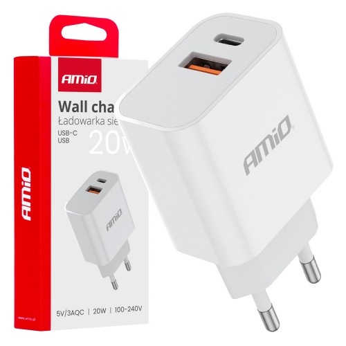 Încărcător de perete PCH PRO-09 USB+USB-C 20W Încărcare rapidă 230V