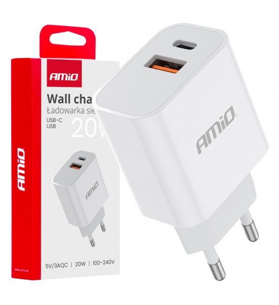 Încărcător de perete PCH PRO-09 USB+USB-C 20W Încărcare rapidă 230V