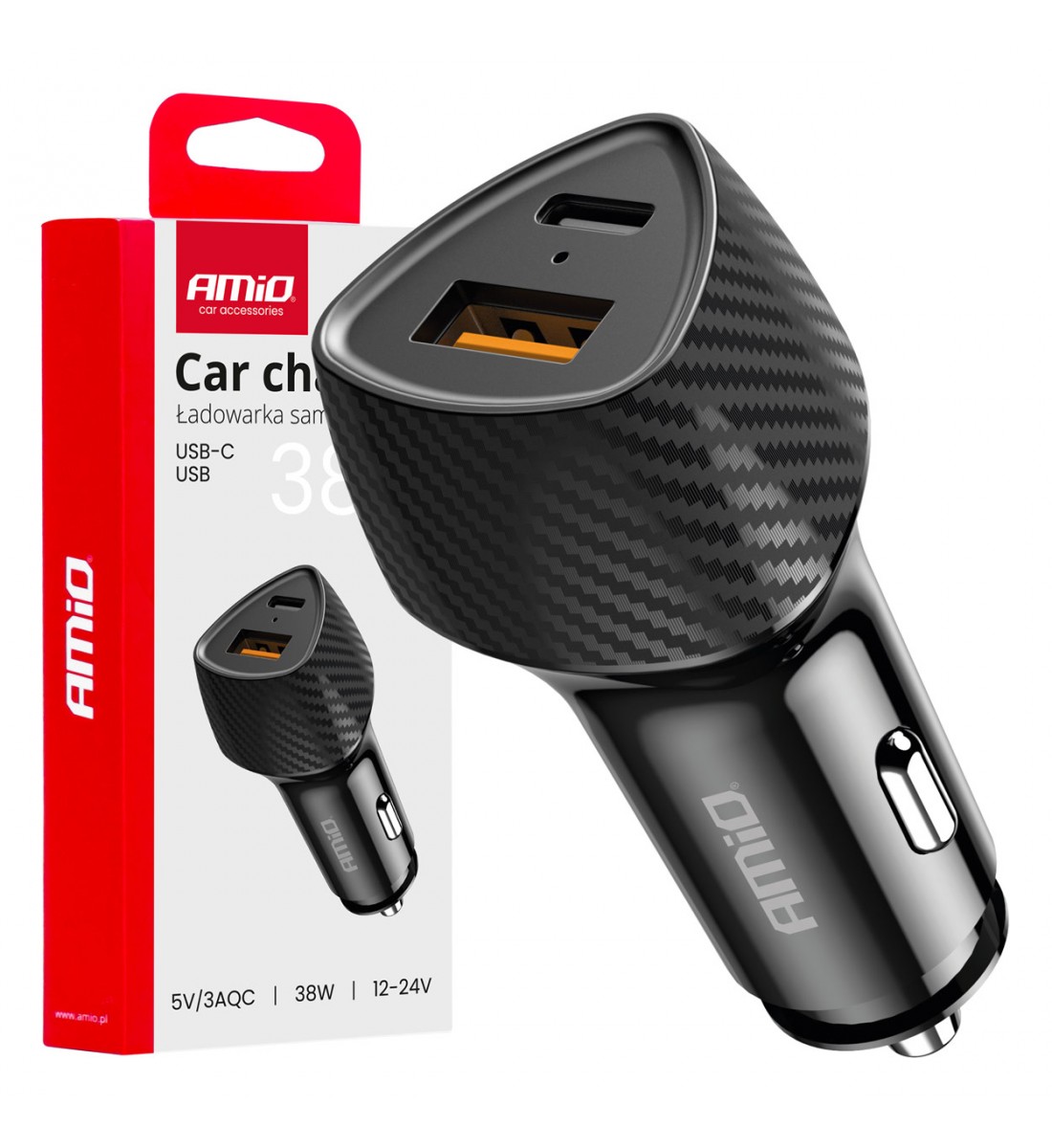 Încărcător auto QC+PD 38W USB-A + USB-C AMIO-04283
