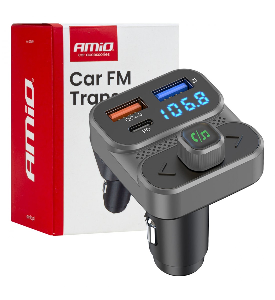 Modulator FM auto 2×USB-A 1×USB 12V 24V AMIO-04649