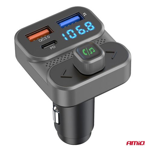 Modulator FM auto 2×USB-A 1×USB 12V 24V AMIO-04649