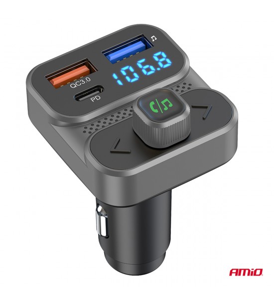 Modulator FM auto 2×USB-A 1×USB 12V 24V AMIO-04649