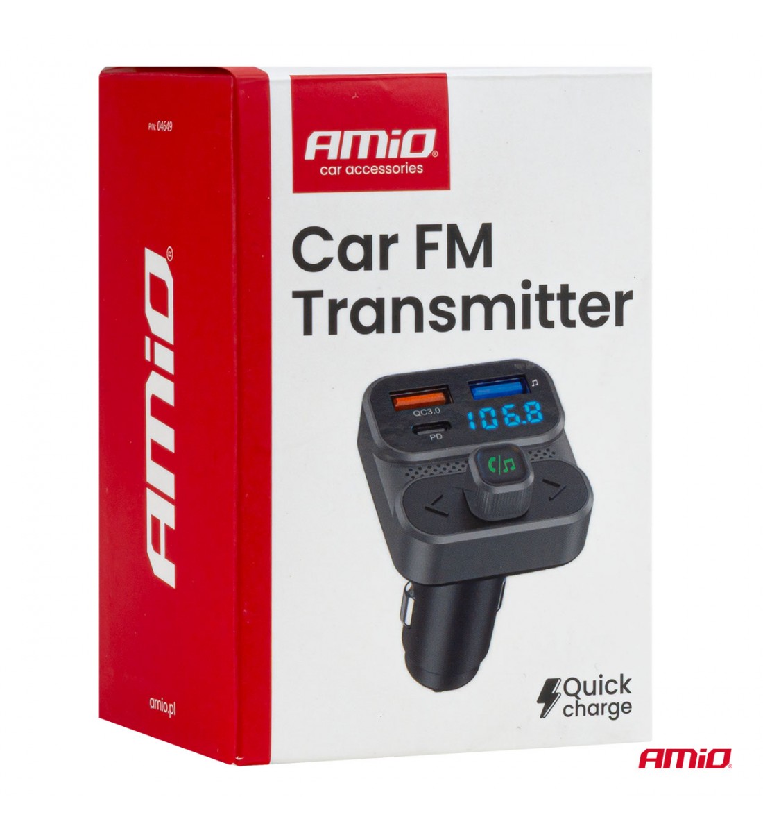 Modulator FM auto 2×USB-A 1×USB 12V 24V AMIO-04649