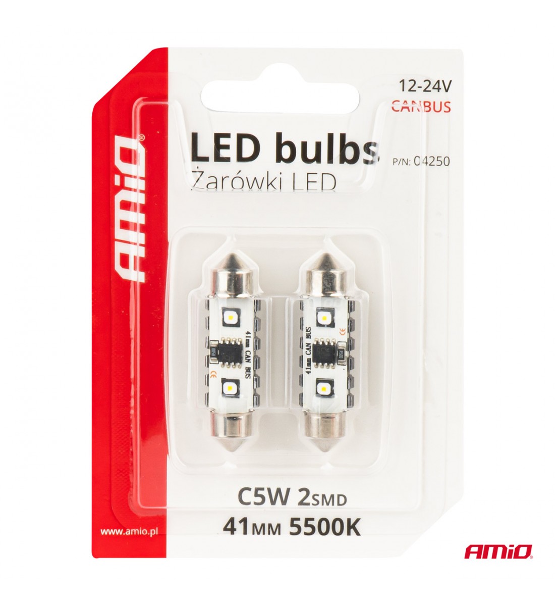 Becuri LED CANBUS Festoon C5W 2SMD 3838 41mm Alb 12V 24V AMIO-04250