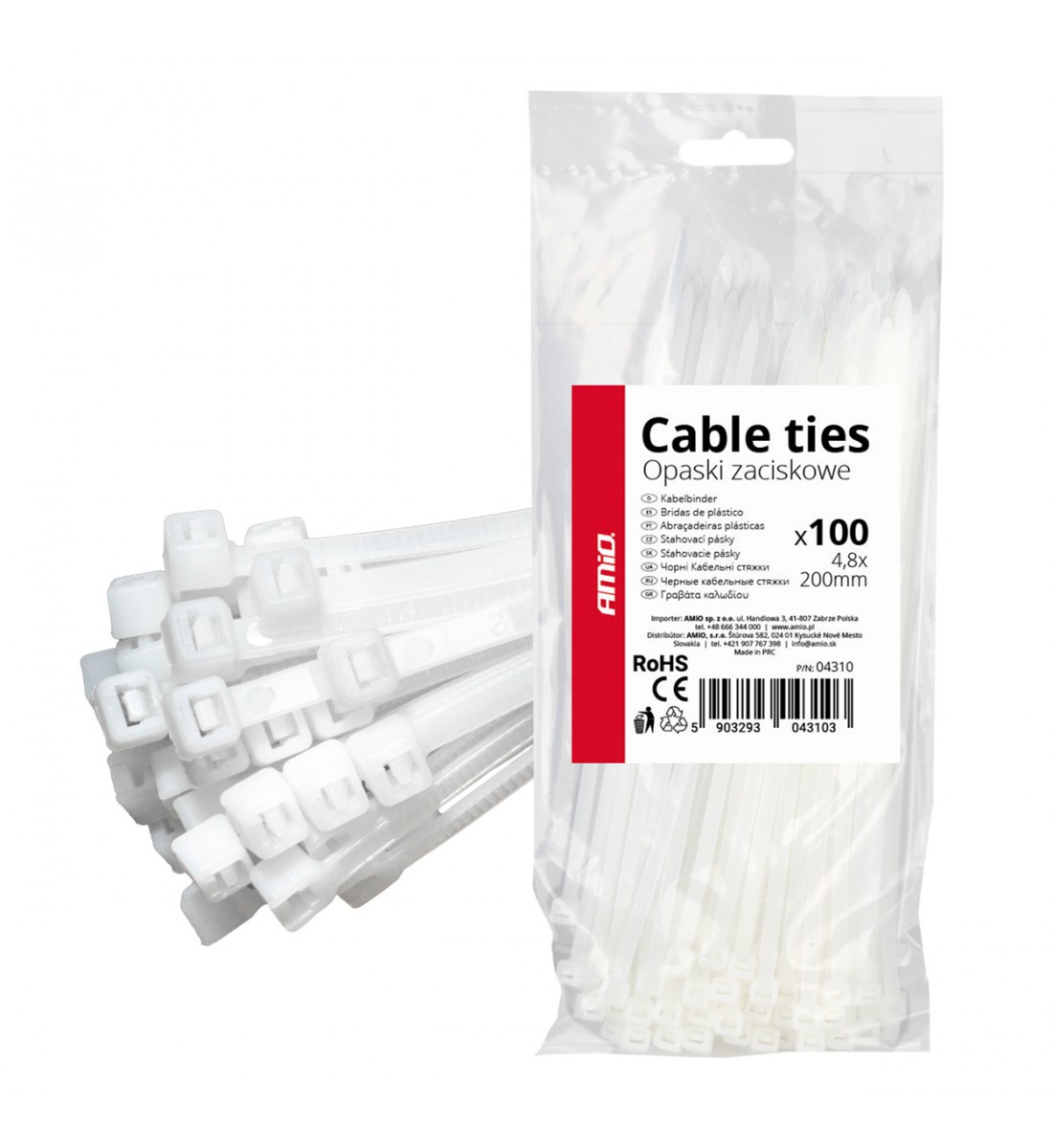 Fasete cablu albe 4,8×200mm 100 buc AMIO-04310