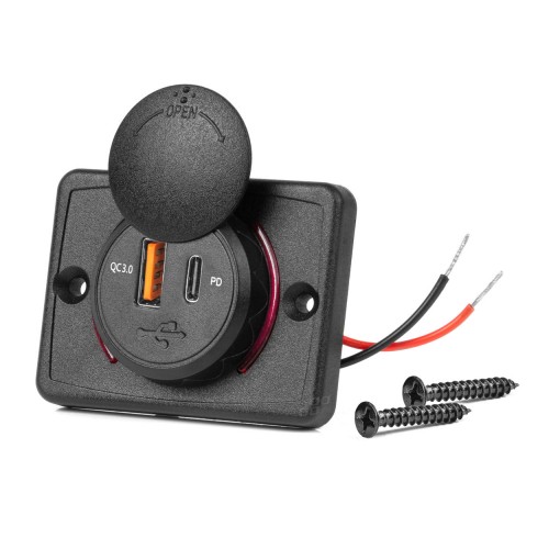 Încărcător de telefon impermeabil de formă pătrată cu iluminare din spate cu LED roșu, USB + USB C QC3.0 12/24V