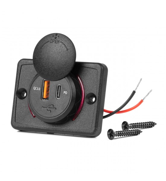 Încărcător de telefon impermeabil de formă pătrată cu iluminare din spate cu LED roșu, USB + USB C QC3.0 12/24V