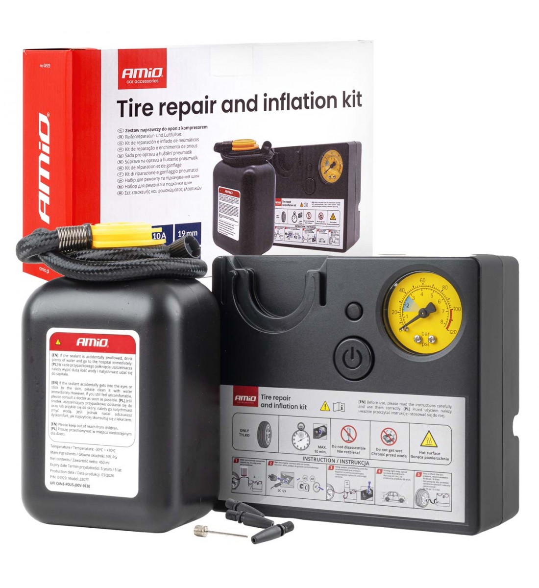 Kit de reparare și umflare anvelope 19 mm centimetru cilindru 12V AMIO-04929 Kit de reparare și umflare anvelope 19 mm centimetru cilindru 12V AMIO-04929