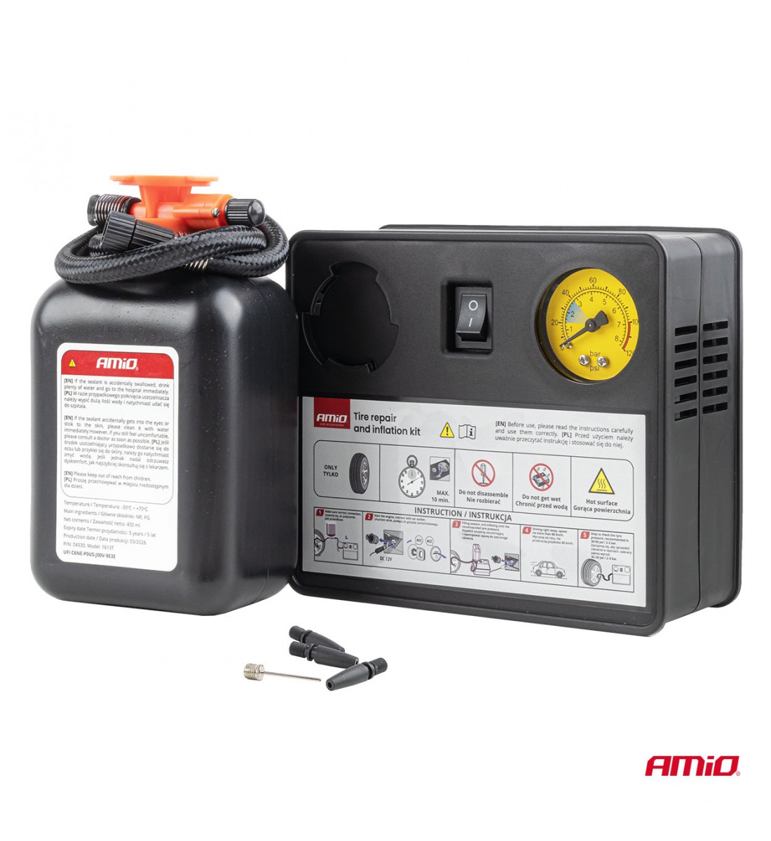 Kit de reparare și umflare anvelope pentru cilindru de 31 mm, 12V, AMIO-04930 Kit de reparare și umflare anvelope pentru cilindru de 31 mm, 12V, AMIO-04930