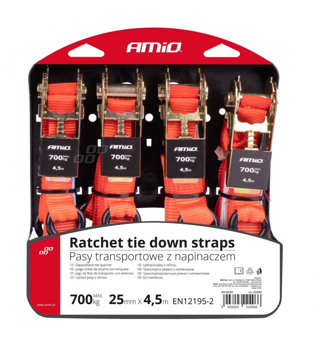 Chinga de transport cu tensionator - set complet 700 kg 25 mm 4,5 m 4 buc BELT-03 AMIO-02496