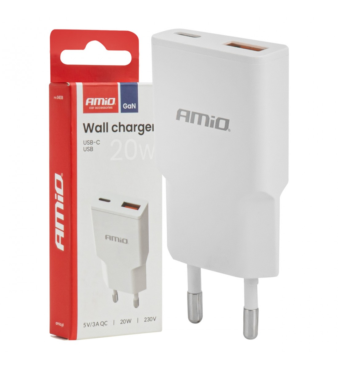 Încărcător de perete 230V 20W GaN USB-C USB-A AMIO-04838 Încărcător de perete 230V 20W GaN USB-C USB-A AMIO-04838