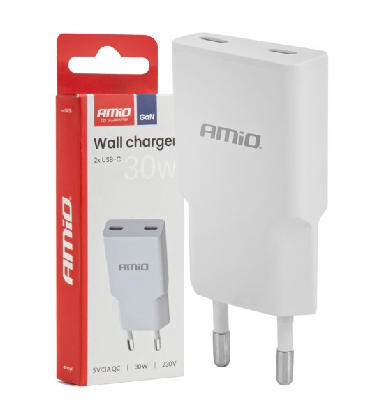 Încărcător de perete 230V 30W GaN 2xUSB-C AMIO-04839