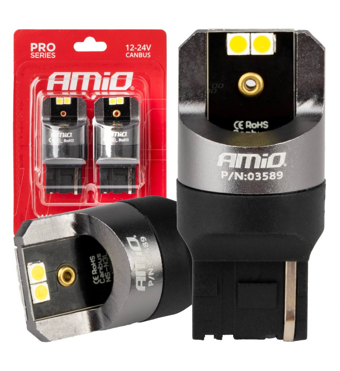 Becuri seria CANBUS PRO 7440 W21W 4x3030 SMD Alb 12V 24V AMIO-03589