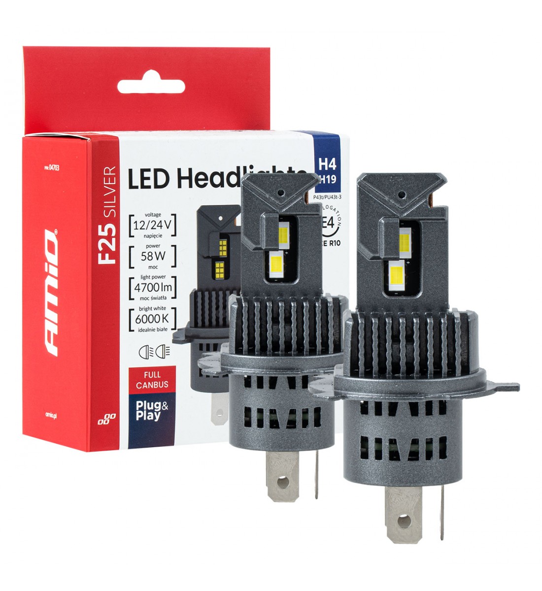 Set becuri LED Seria F25 ARGINTII FULL CANBUS H4/H19 54/58W 12V 24V AMIO-04703