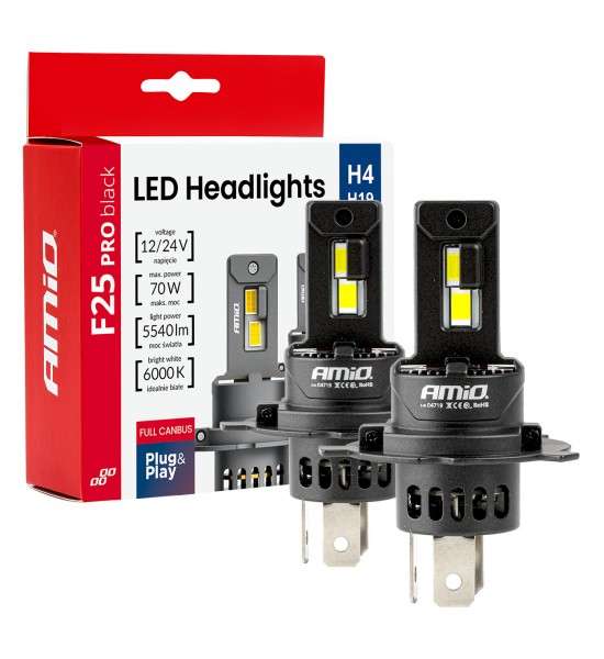 Set becuriLED Seria F25 PRO NEGRE FULL CANBUS H4 H19 70W 12V 24V AMIO-04719 Set becuriLED Seria F25 PRO NEGRE FULL CANBUS H4 H19 70W 12V 24V AMIO-04719
