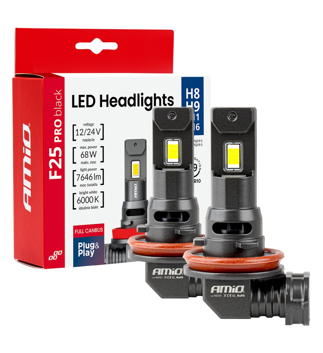 Set becuri LED Seria F25 PRO NEGRE COMPLET CANBUS H8 H9 H11 H16 68W 12V 24V AMIO-04721