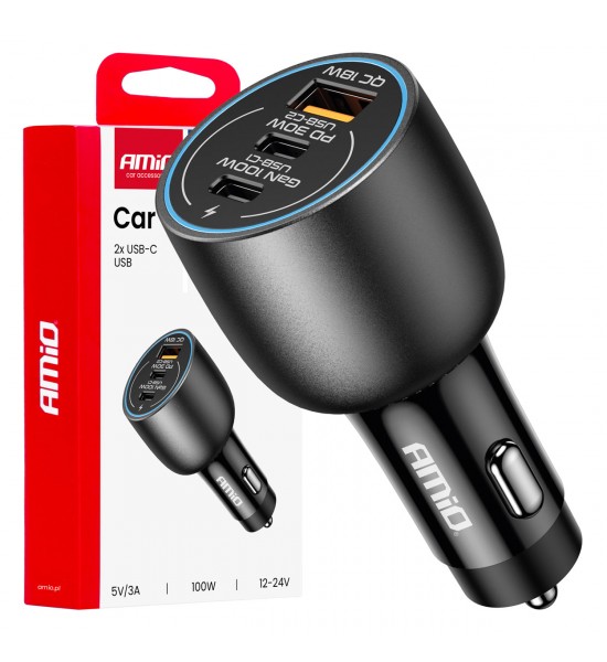 Încărcător auto 2x USB-C + USB-A 12V 24V 100W AMIO-04371 Încărcător auto 2x USB-C + USB-A 12V 24V 100W AMIO-04371