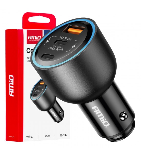 Încărcător auto 2x USB-C + USB-A 12V 24V 95W AMIO-04372 Încărcător auto 2x USB-C + USB-A 12V 24V 95W AMIO-04372