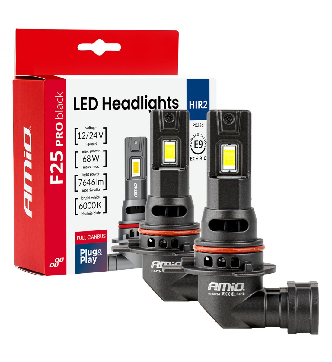 Set 2 becuri auto  F25 PRO NEGRE COMPLET CANBUS HIR2 68W 12V 24V AMIO-04724