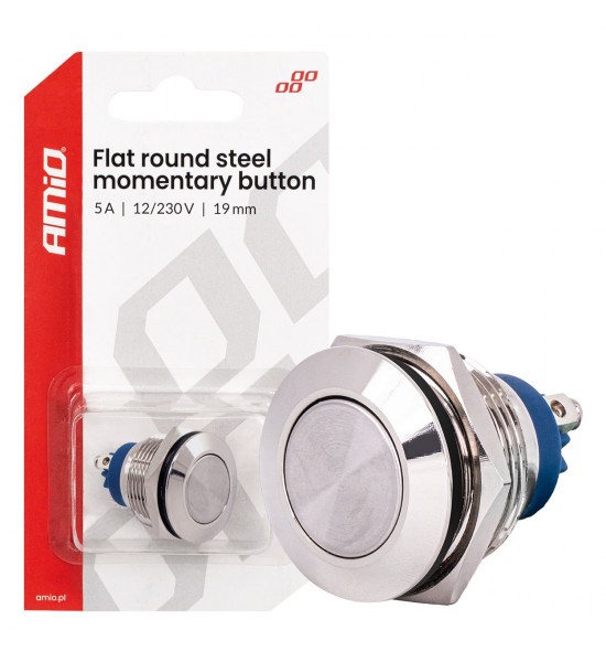 Buton plat, rotund, din oțel, 19 mm, 5 A, 12/230 V, AMIO-04436