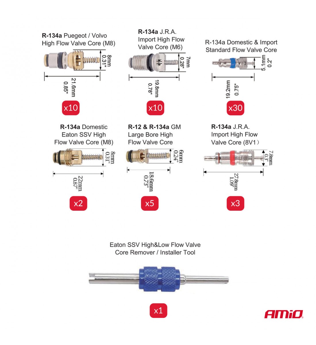 Set de valve de aer condiționat, 61 buc. AMIO-04446 Set de valve de aer condiționat, 61 buc. AMIO-04446