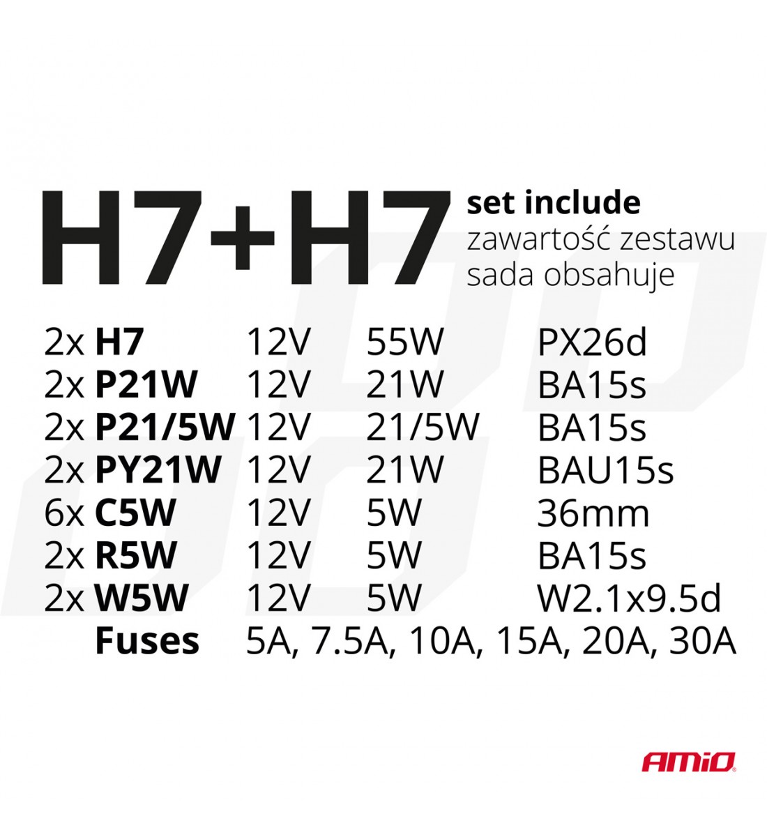 Set becuri de rezervă, siguranțe, 30 buc. H7 + H7 AMIO-03959