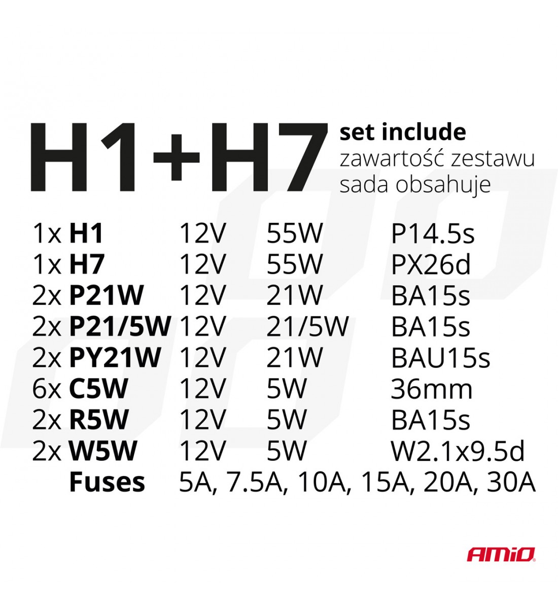 Set becuri de rezervă, siguranțe, 30 buc. H7 + H1 AMIO-03960