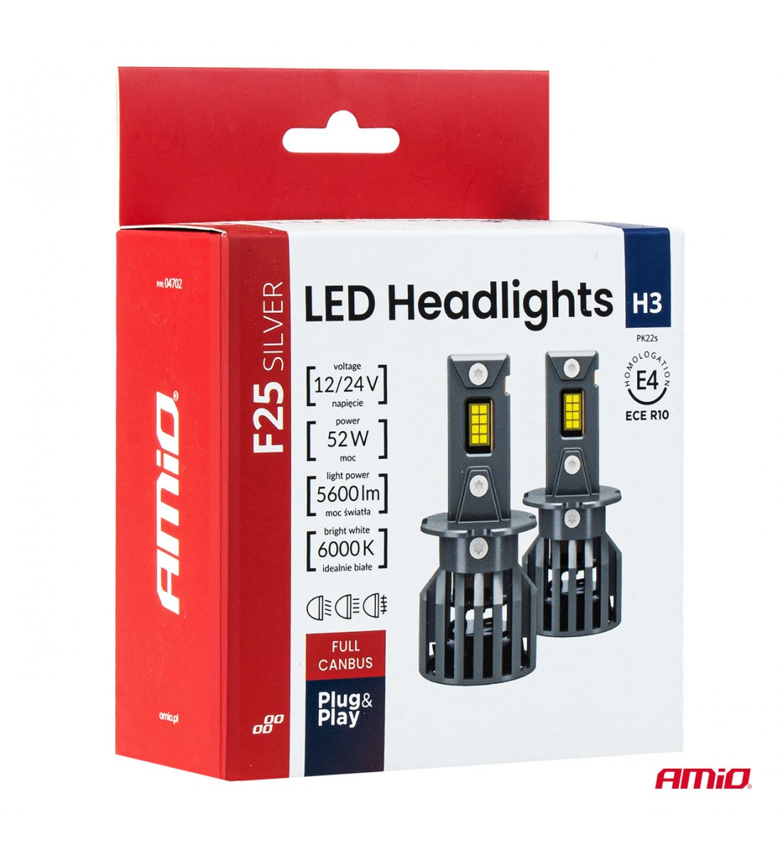 Becuri auto LED F25 ARGINTII CANBUS 52W H3 12V 24V AMIO-04702