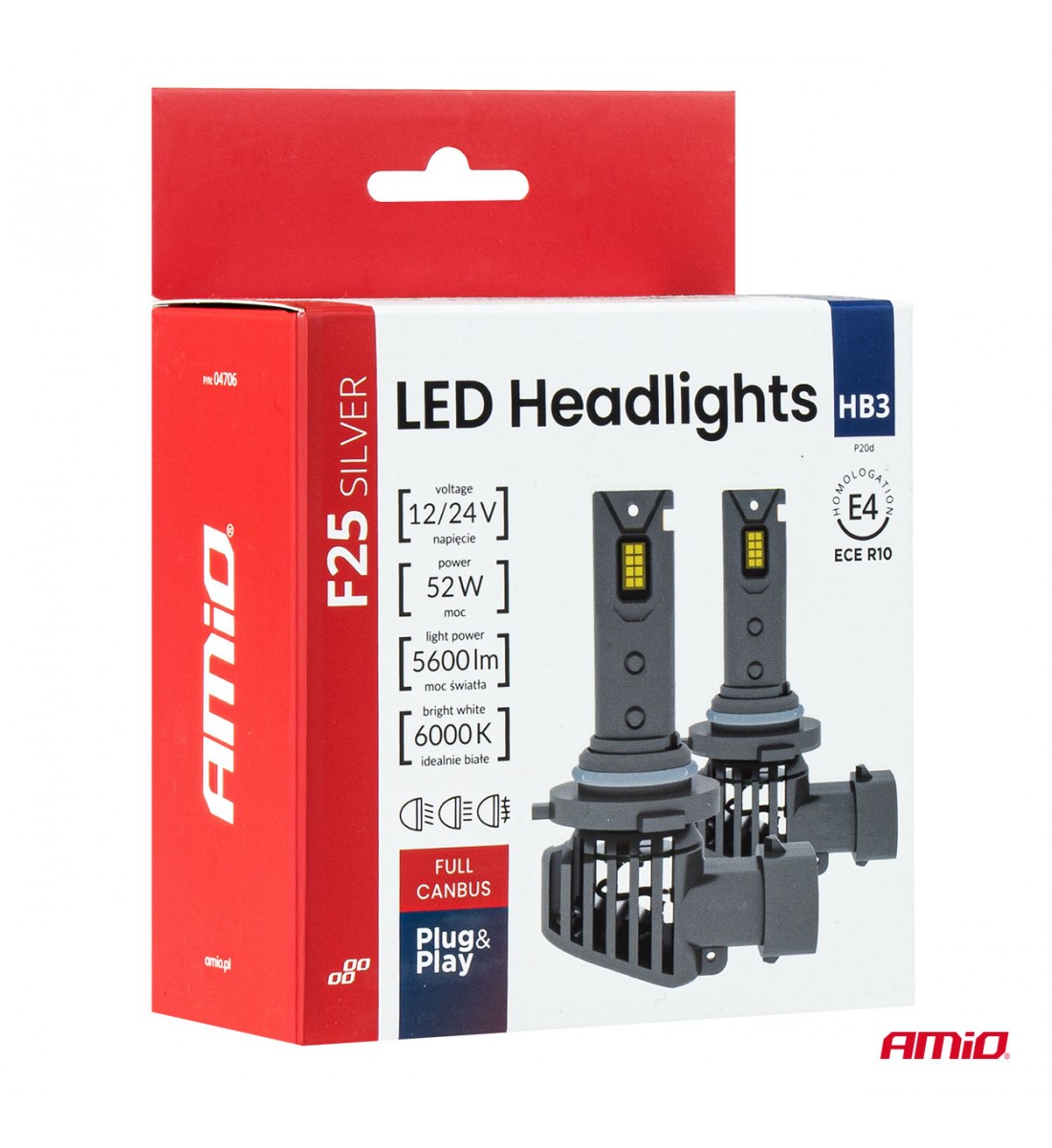 Set becuri auto LED F25 ARGINTII CANBUS 52W HB3 9005 12V 24V AMIO-04706