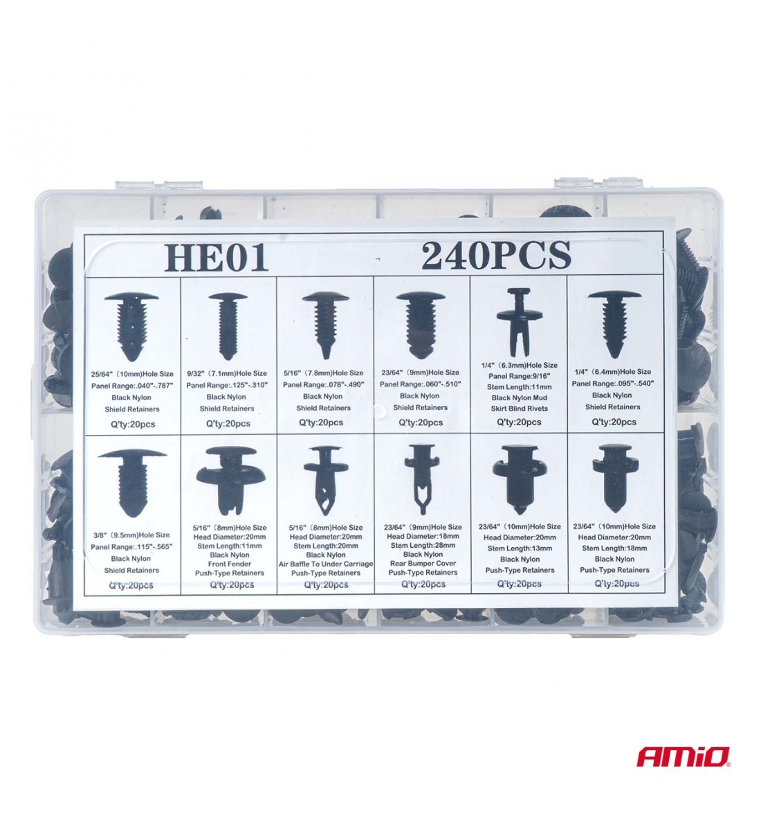 Set de cleme și știfturi auto medii 240 buc AMIO-04737