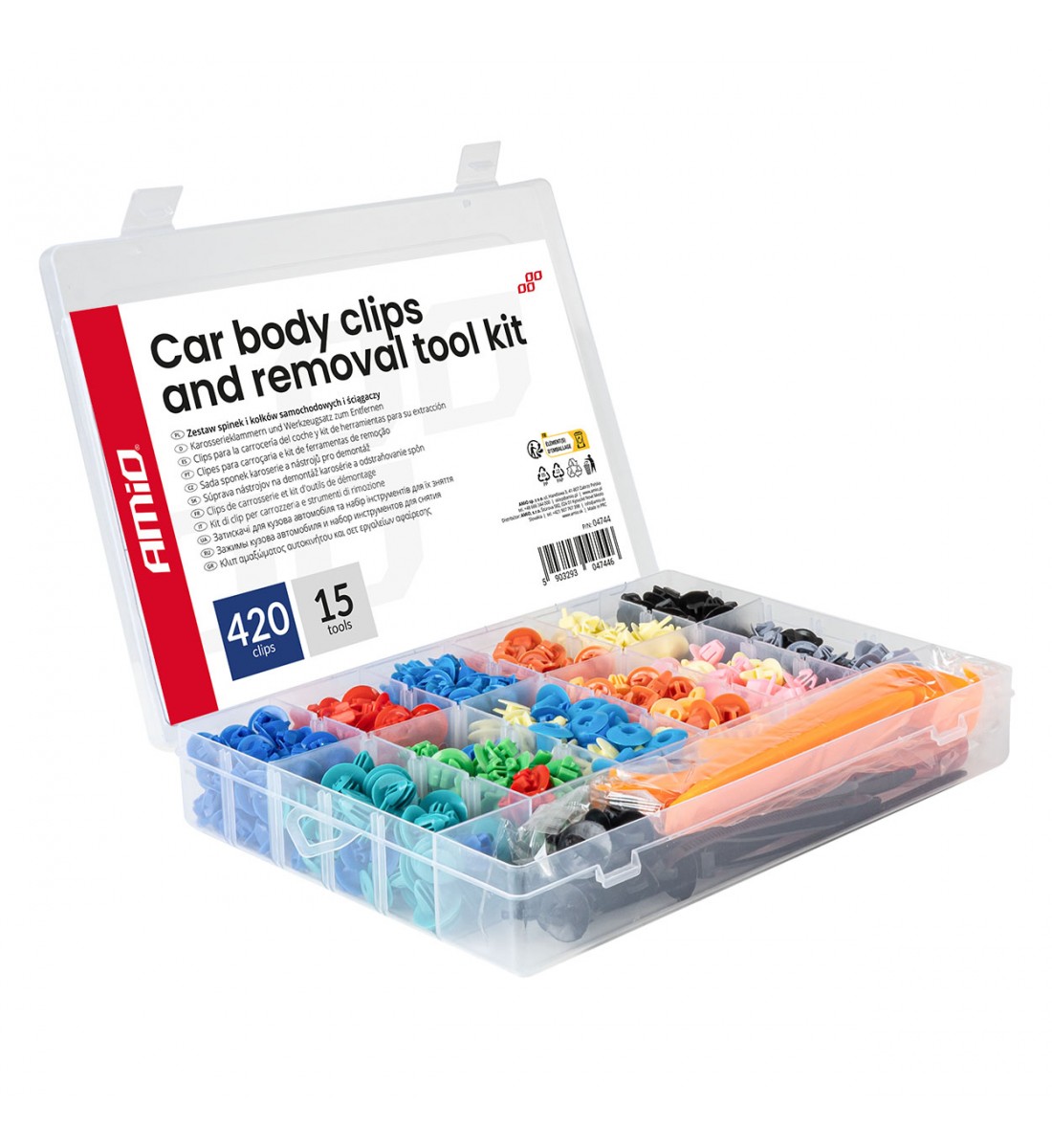 Set de cleme și scule de demontare pentru caroserie 420+15 buc. AMIO-04744
