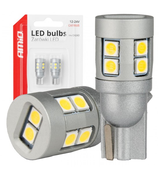 Set 2 becuri cu led , CANBUS T10 W5W 12 SMD 3030 Alb 12V 24V AMIO-04243