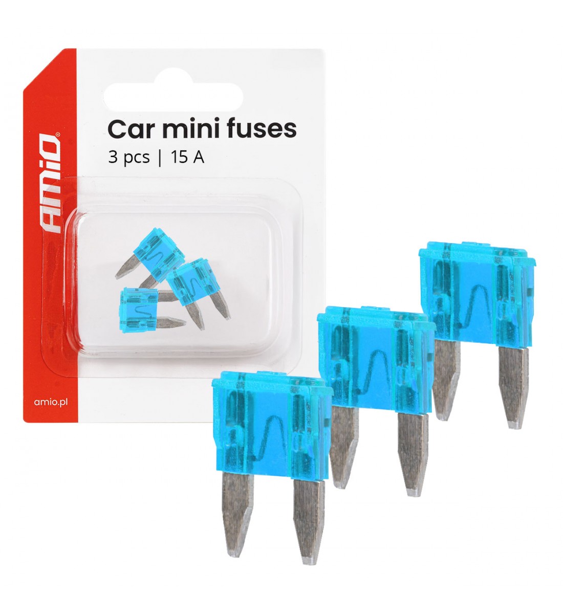 Siguranțe auto mini-lamă, 3 buc., 15A, AMIO-05099 Siguranțe auto mini-lamă, 3 buc., 15A, AMIO-05099
