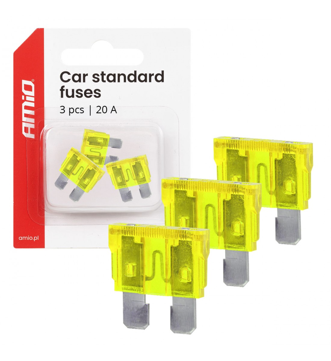Siguranțe auto standard cu lamă, 3 buc., 20A AMIO-05107 Siguranțe auto standard cu lamă, 3 buc., 20A AMIO-05107
