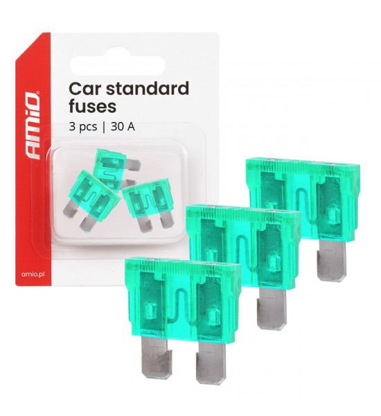 Siguranțe auto standard cu lamă, 3 buc., 30A AMIO-05109 Siguranțe auto standard cu lamă, 3 buc., 30A AMIO-05109