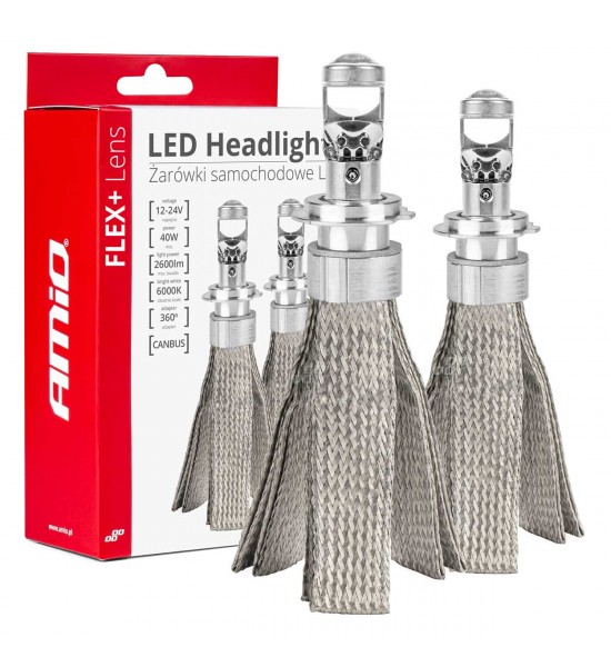 Becuri auto LED seria FLEX+ cu lentilă H7 12V 24V 6000K Canbus AMIO-03660