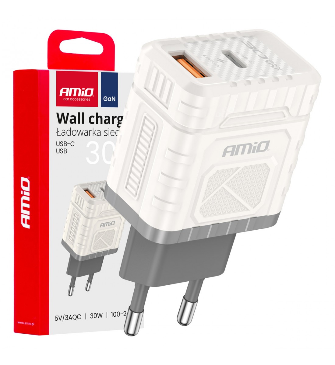 Încărcător de perete cu încărcare rapidă GaN 30W USB-A + USB-C AMIO-04286