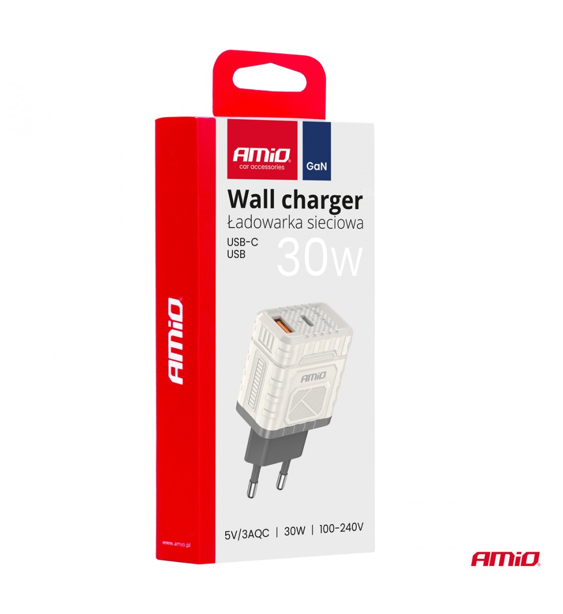Încărcător de perete cu încărcare rapidă GaN 30W USB-A + USB-C AMIO-04286